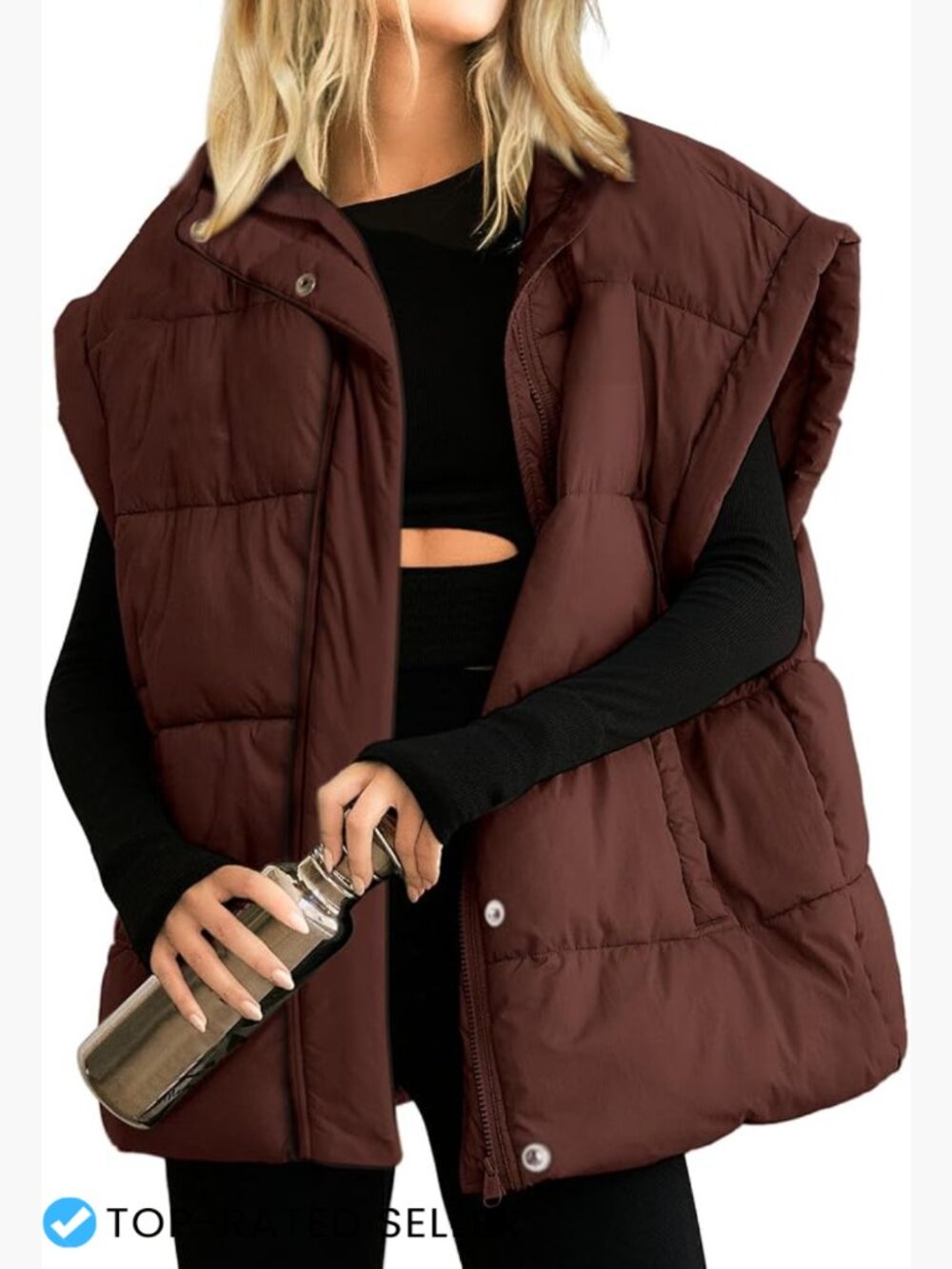 Oversized Quilted Puffer Vest Sleeveless Zip Stand Collar Warm Cozy Winter